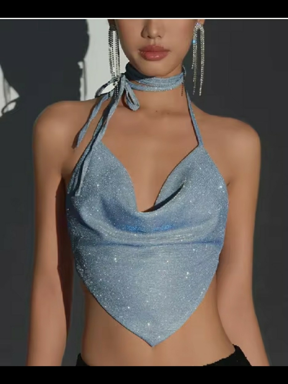 Sparkling Light Blue Halter Scarf Top Glitter Tanks Summer Outfit Trendy - Picture 2 of 5